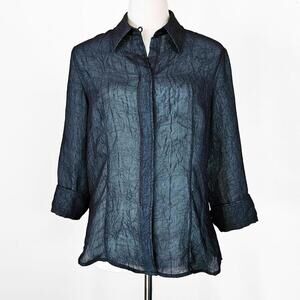 Renfrew Sheer Black Crinkled Women's Blouse with 3/4 Sleeves